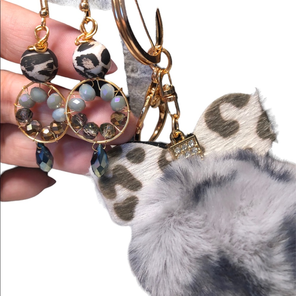 Set of two -faux fur key chain with leopard print accent and matching earring